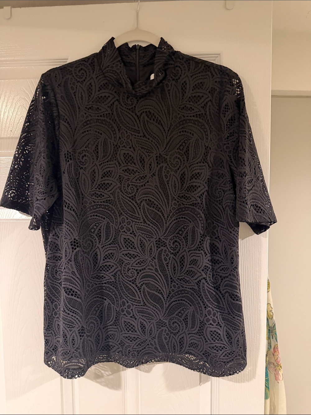 Chico's Black Lace Short-Sleeve Mock Neck Top